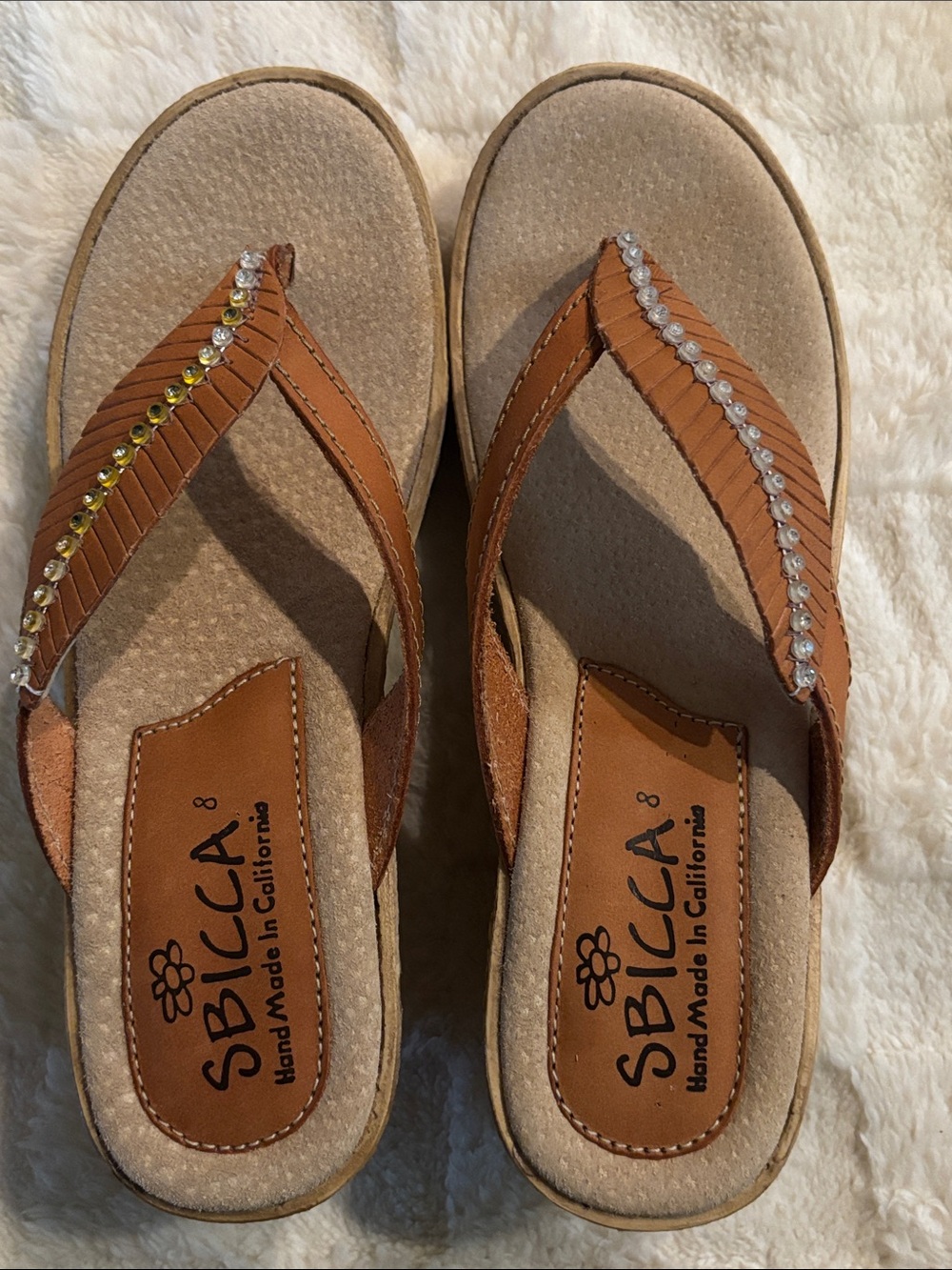 Sbicca Brown Crystal-Trim Feather Flip Flop Sandals Handmade